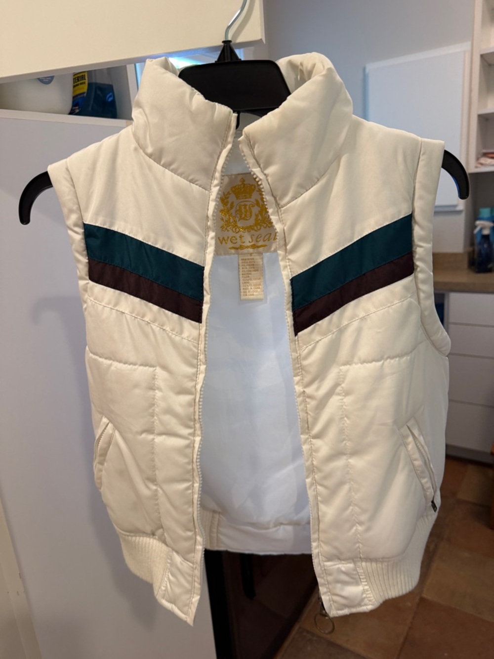 Wet Seal Cream Puffer Vest with Teal and Brown Chevron Stripes